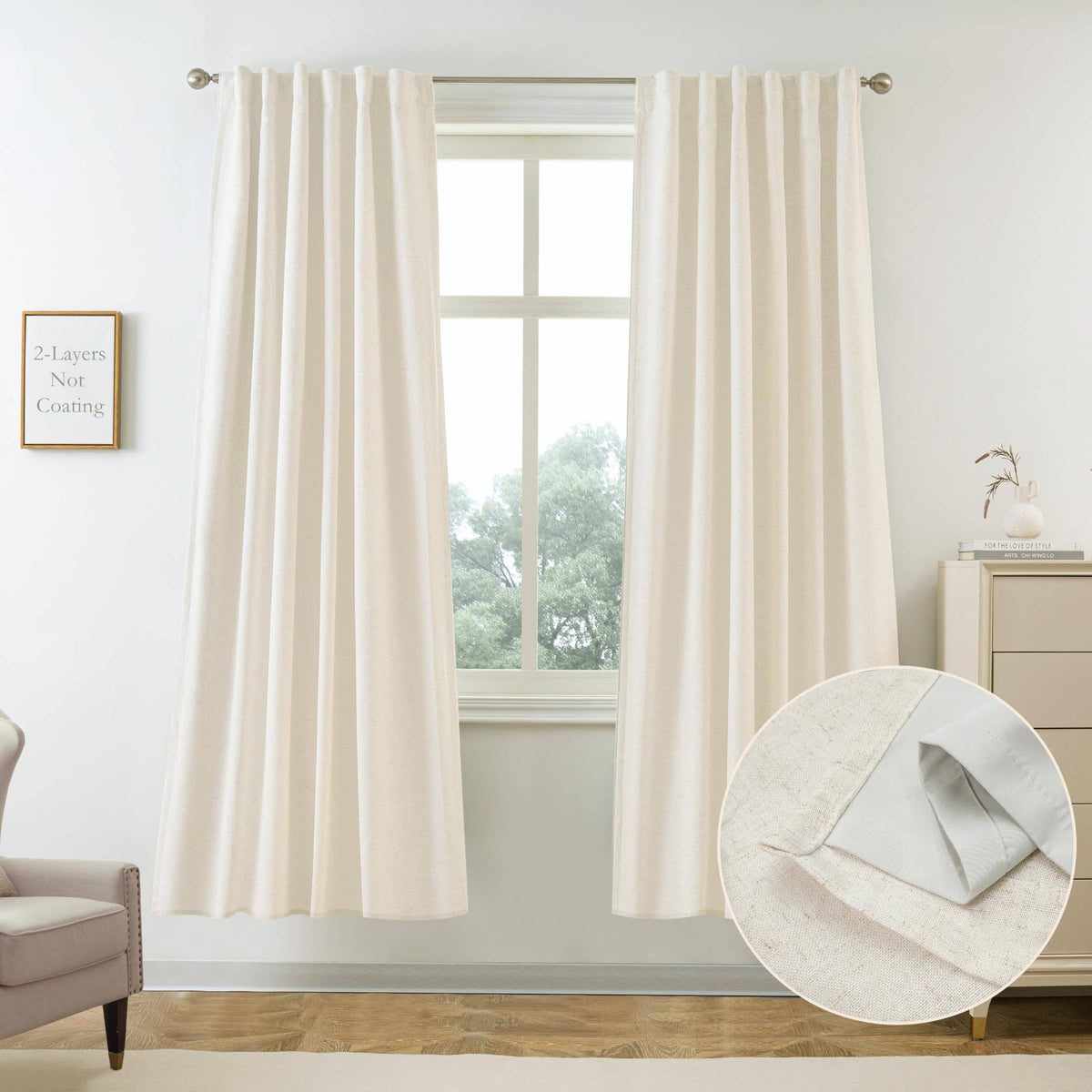 100% Blackout Natural Linen Curtains for Bedroom 2 Panels