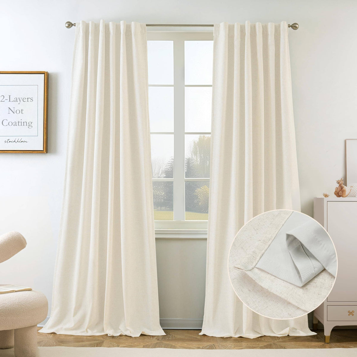 100% Blackout Natural Linen Curtains for Bedroom 2 Panels