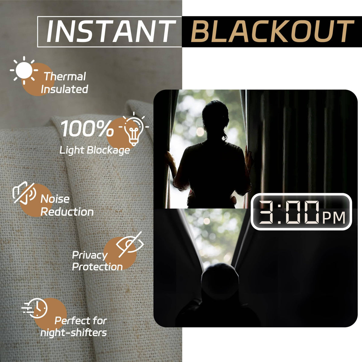 100% Blackout Natural Linen Curtains for Bedroom 2 Panels