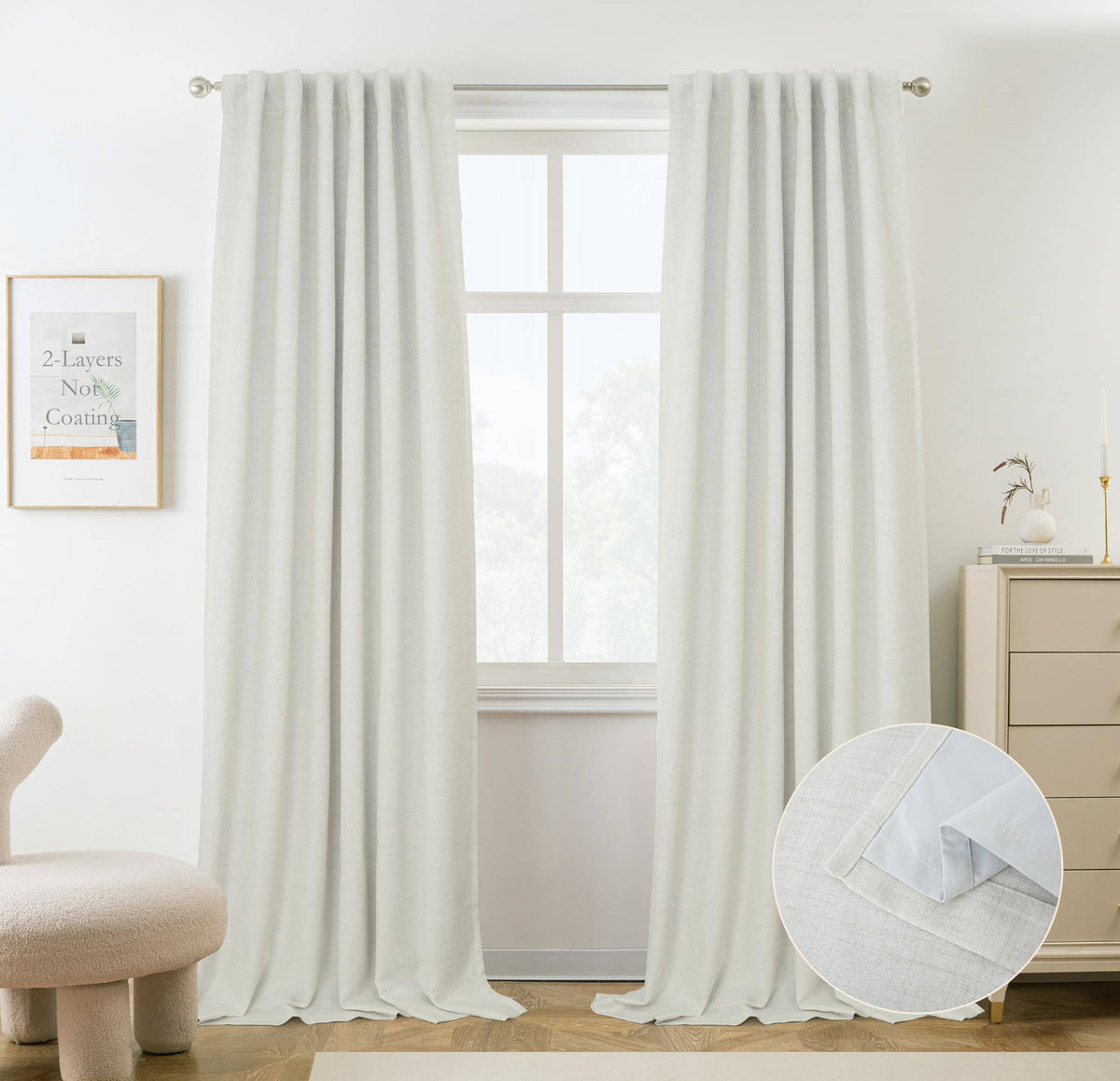 100% Blackout Natural Linen Curtains for Bedroom 2 Panels